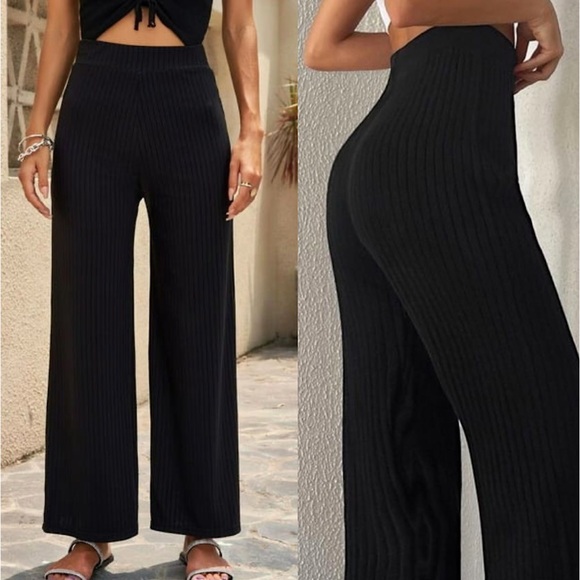 REVOLVE Dreamers Black Wide Leg Ribbed Pants Sz. M/L - Picture 1 of 8
